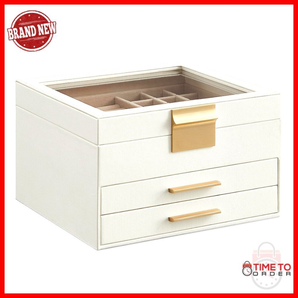 3-Layer Jewelry Box Organizer with Glass Lid and 2 Drawers